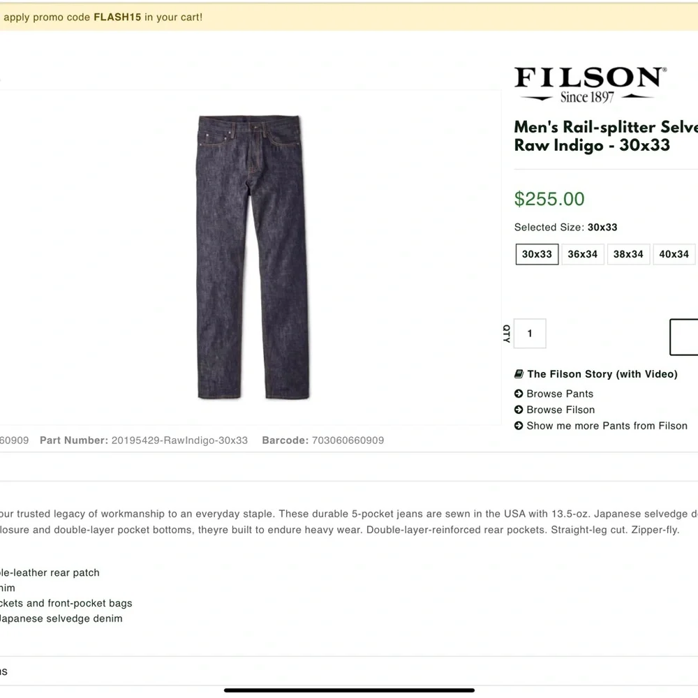 Filson Men's Rail-splitter Selvedge Jeans - 32x33 - Picture 2 of 6